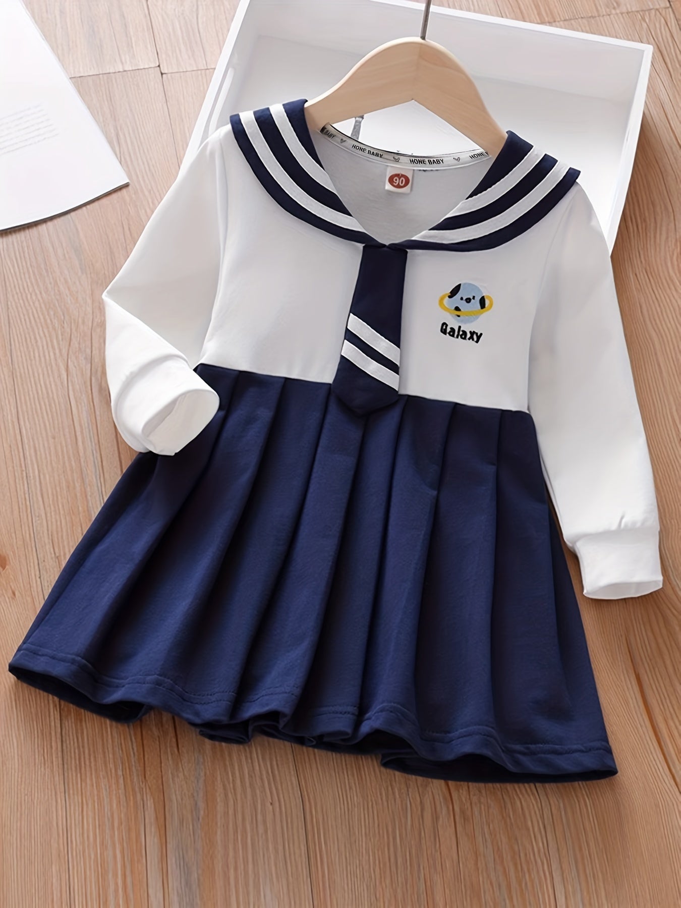 Girl's Embroidered Varsity Dress Navy Collar Long Sleeve Princess Dress