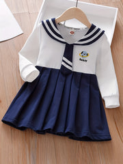 Girl's Embroidered Varsity Dress Navy Collar Long Sleeve Princess Dress