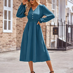 V Neck Button Decor Long Sleeve Dress Spring & Summer Women's Clothing