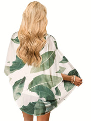 Leaf Print V Neck Loose Fit Beachwear Cover Up Blouse