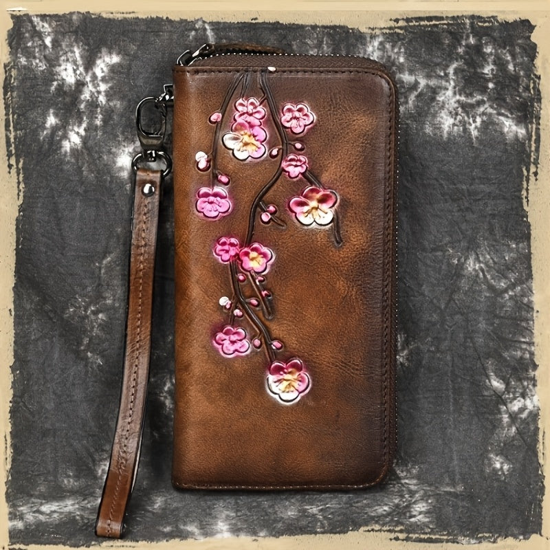 Vintage Style Leather Wallet Floral Embossed Card Holder with Wristlet