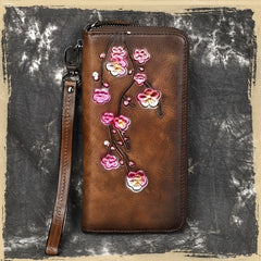 Vintage Style Leather Wallet Floral Embossed Card Holder with Wristlet
