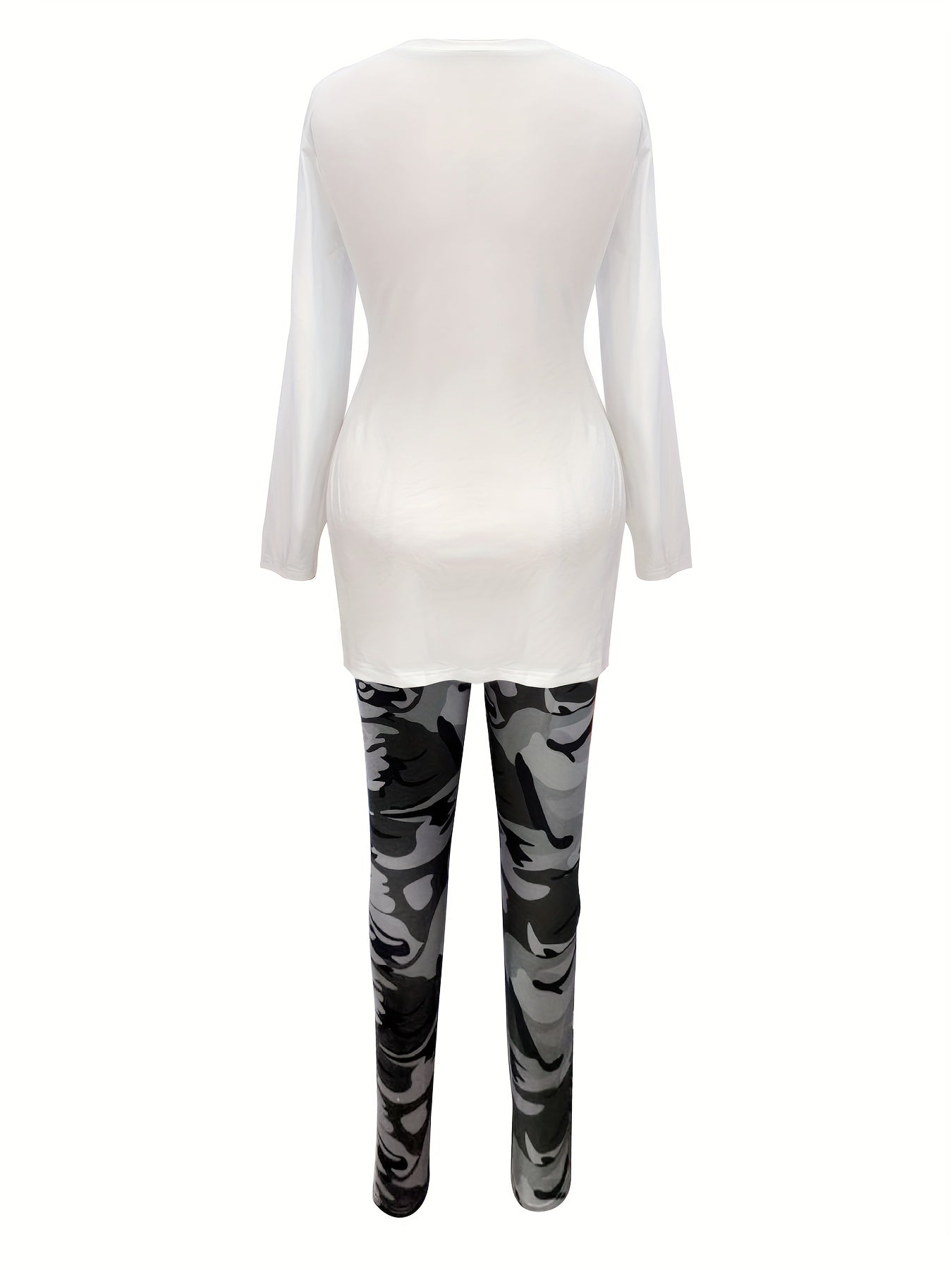 Women's Plus Camo Slogan Print Long Sleeve Top & Leggings Set