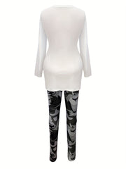 Women's Plus Camo Slogan Print Long Sleeve Top & Leggings Set