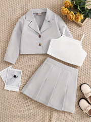 Girl's 3pcs Blazer & Cami Top & Pleated Skirt Set Classic Outfits Kids Clothes