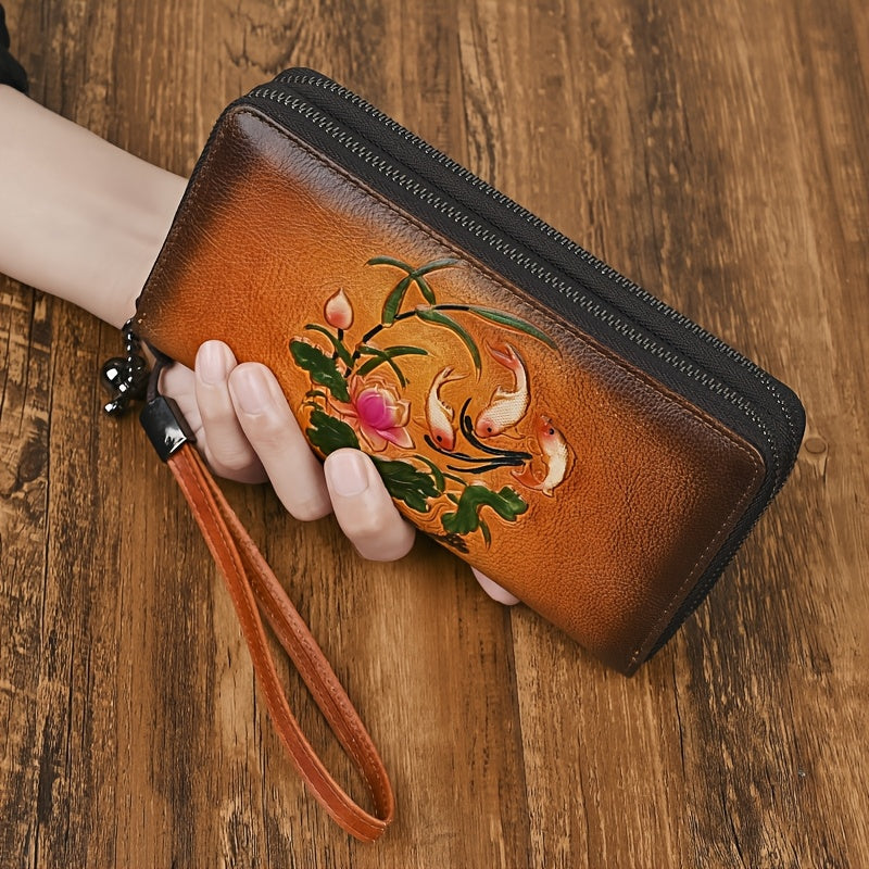 Vintage Floral Print Cowhide Wallet with Wrist Strap
