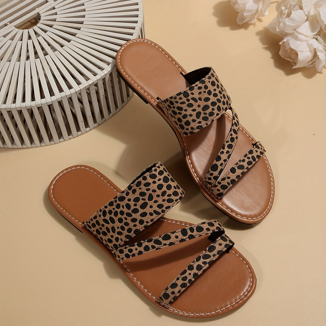 Leopard Print Slide Sandals Slip On Flat Summer Shoes Lightweight
