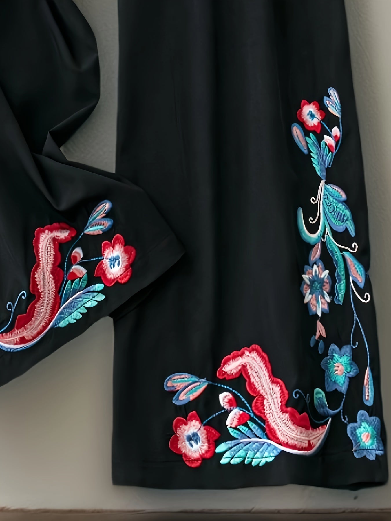Ethnic Style Pants Women's Plus Floral Embroidery Wide Leg Trousers