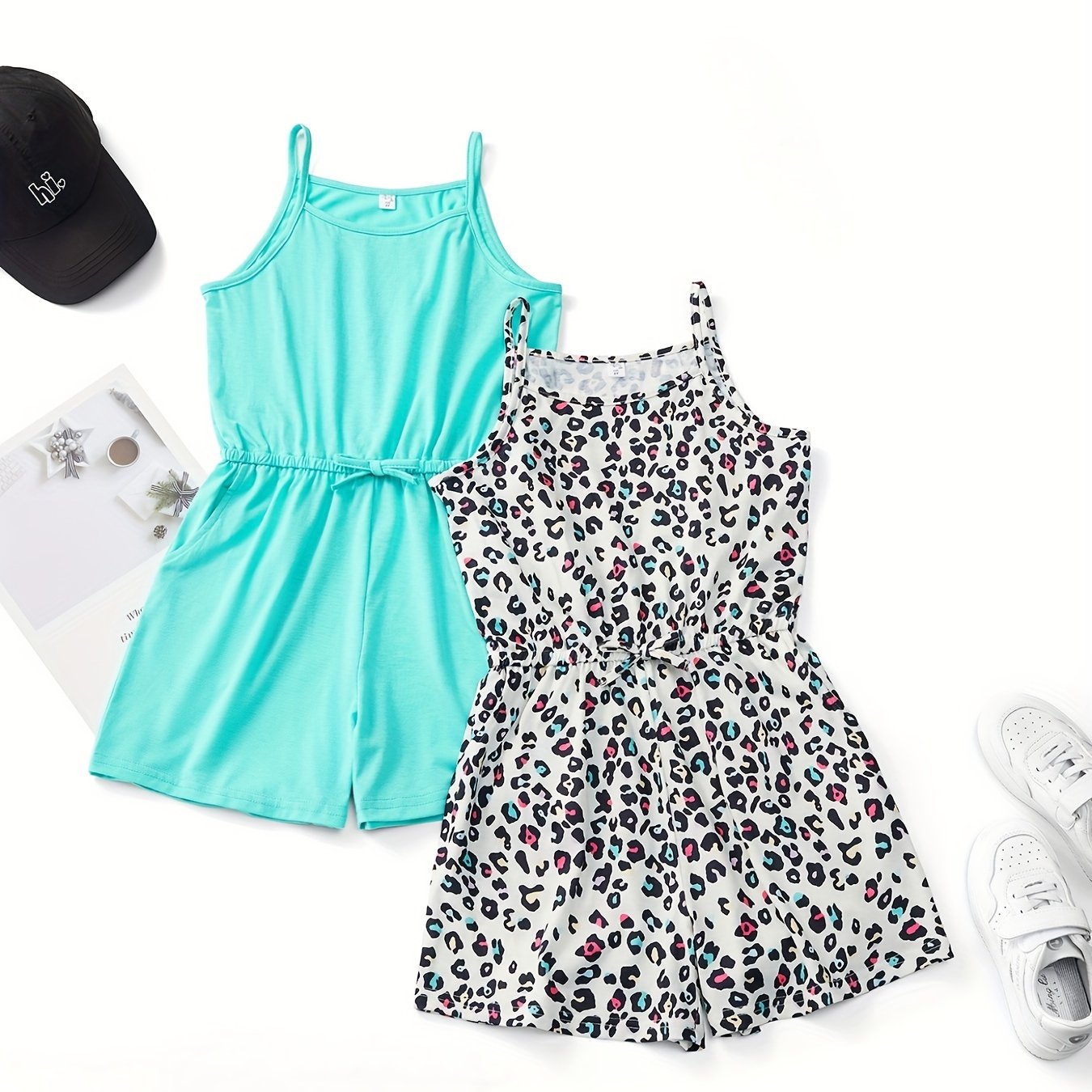 Girls Leopard Print Cami Rompers Set