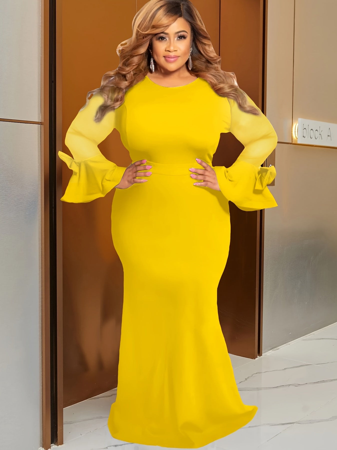 Satin Mesh Long Sleeve Maxi Dress Women's Bridal Wedding Party Dress