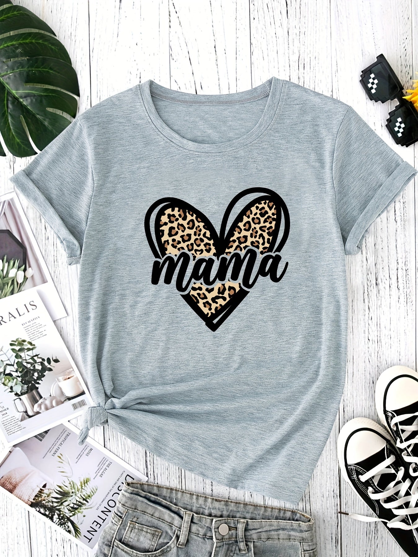 Leopard Heart Print Mama and Mini Matching T Shirt Set for Family Outfits