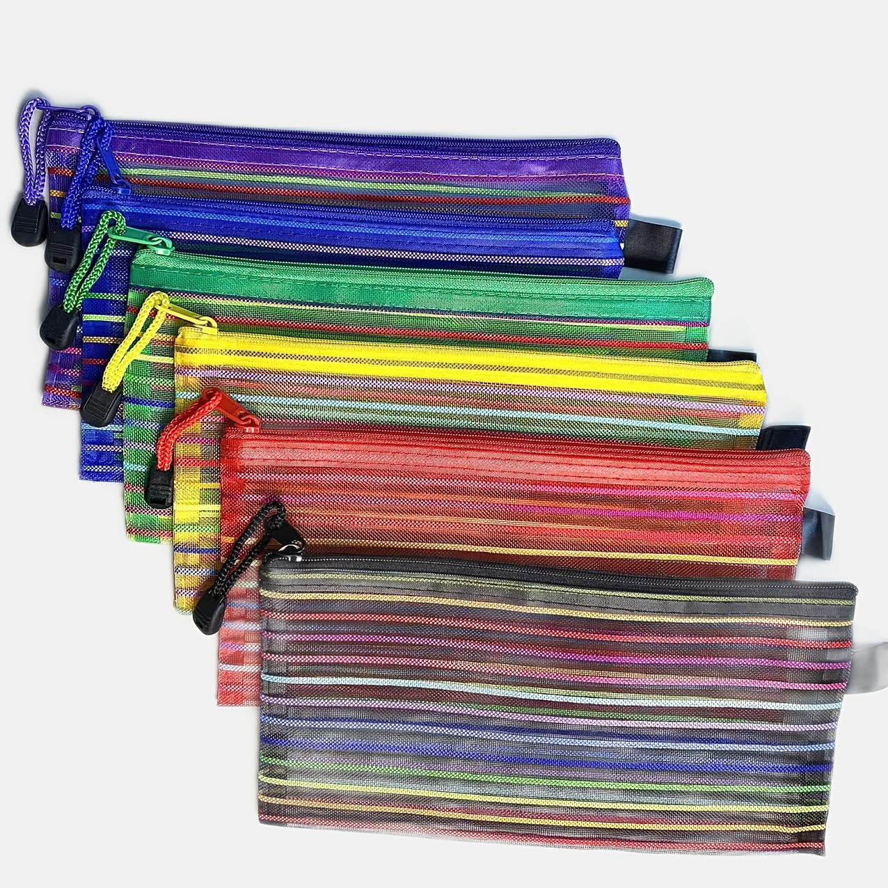 6pcs Plastic Pencil Case Zipper Mesh Bag Office Pen Cosmetic Makeup Bag