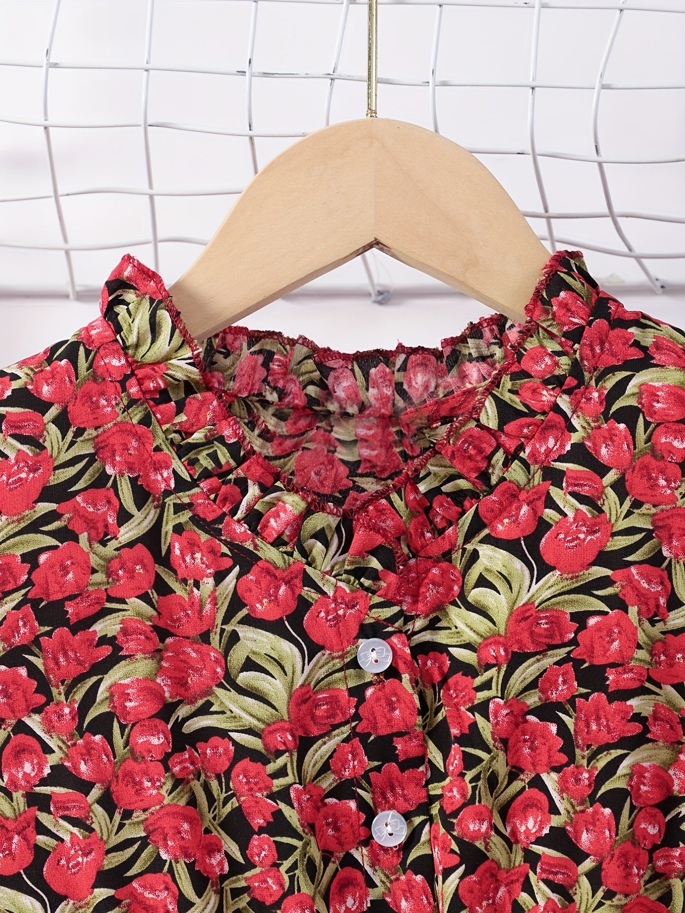 Girls' Floral Button V Neck Short Sleeve Casual Dress