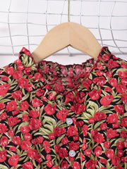 Girls' Floral Button V Neck Short Sleeve Casual Dress