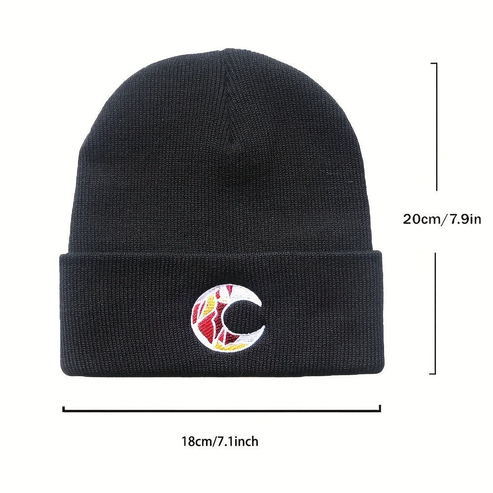 Crescent Embroidery Beanie Knit Hat Unisex Warm Lightweight