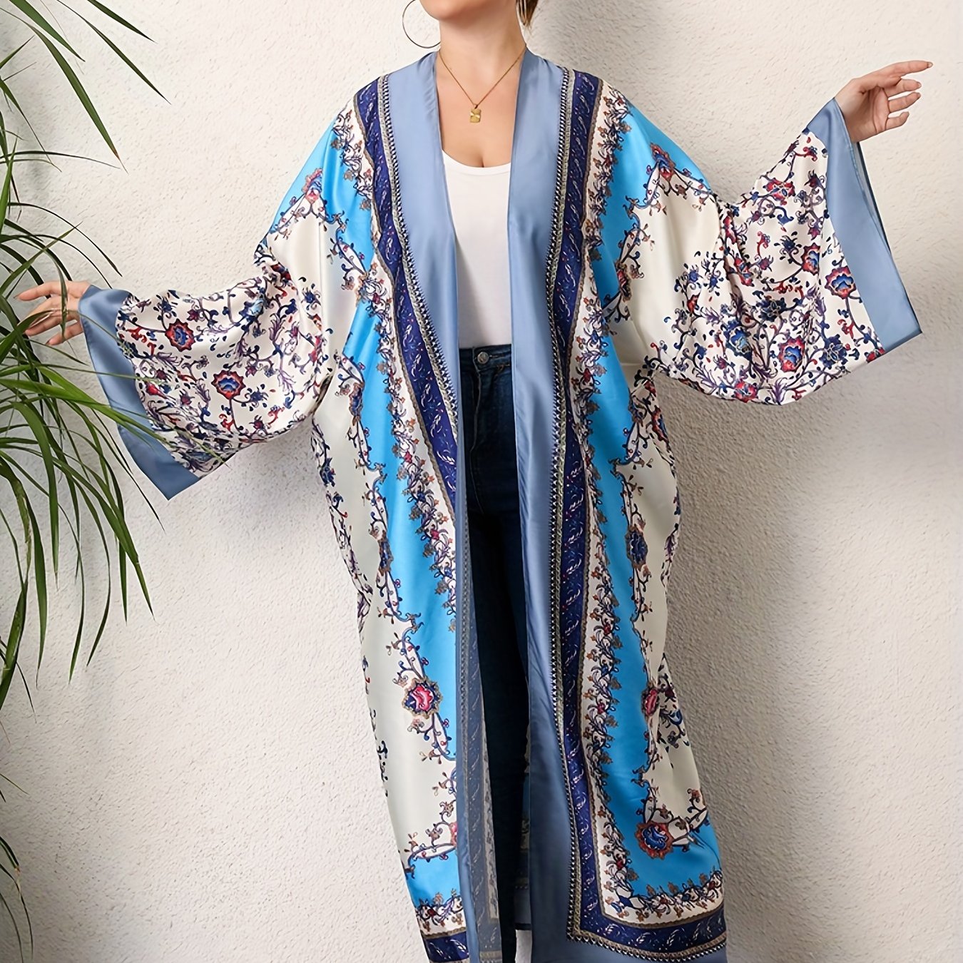 Boho Kimono Scarf Print Long Sleeve Maxi Kimono Cover Up