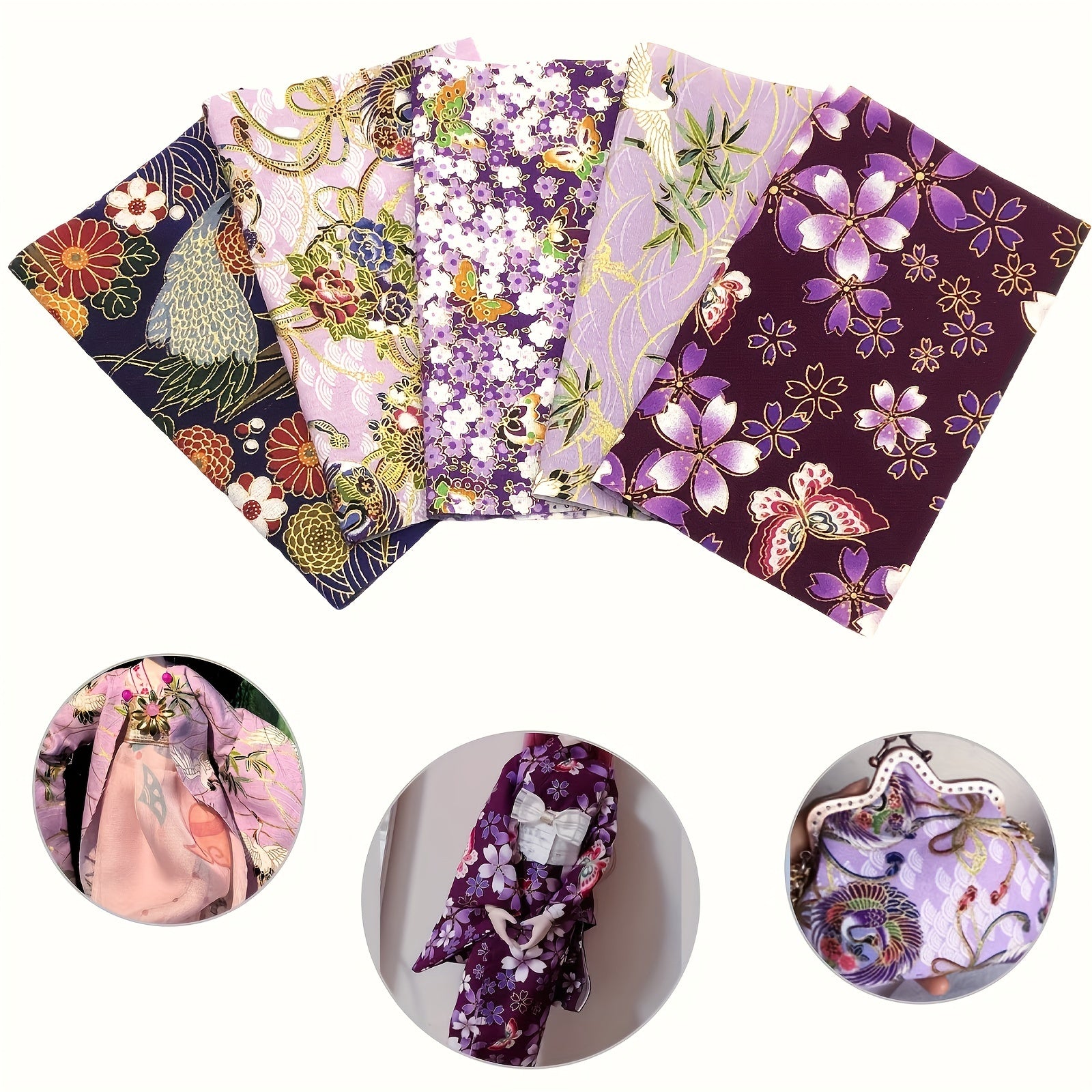 5pcs Japanese Style Purple Flower Cotton Quilting Fabric DIY Clipping Cloth
