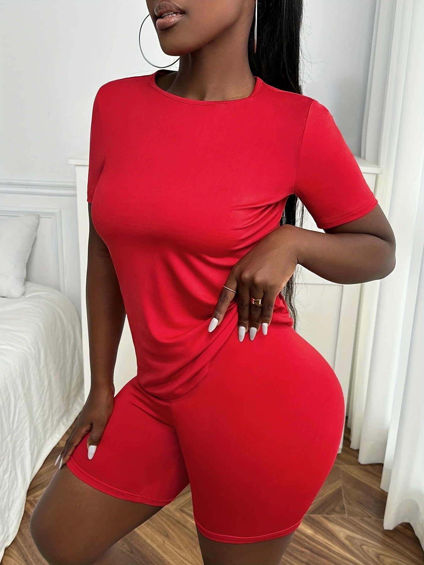 Solid Lounge Set Short Sleeve Top & Shorts Women's Loungewear