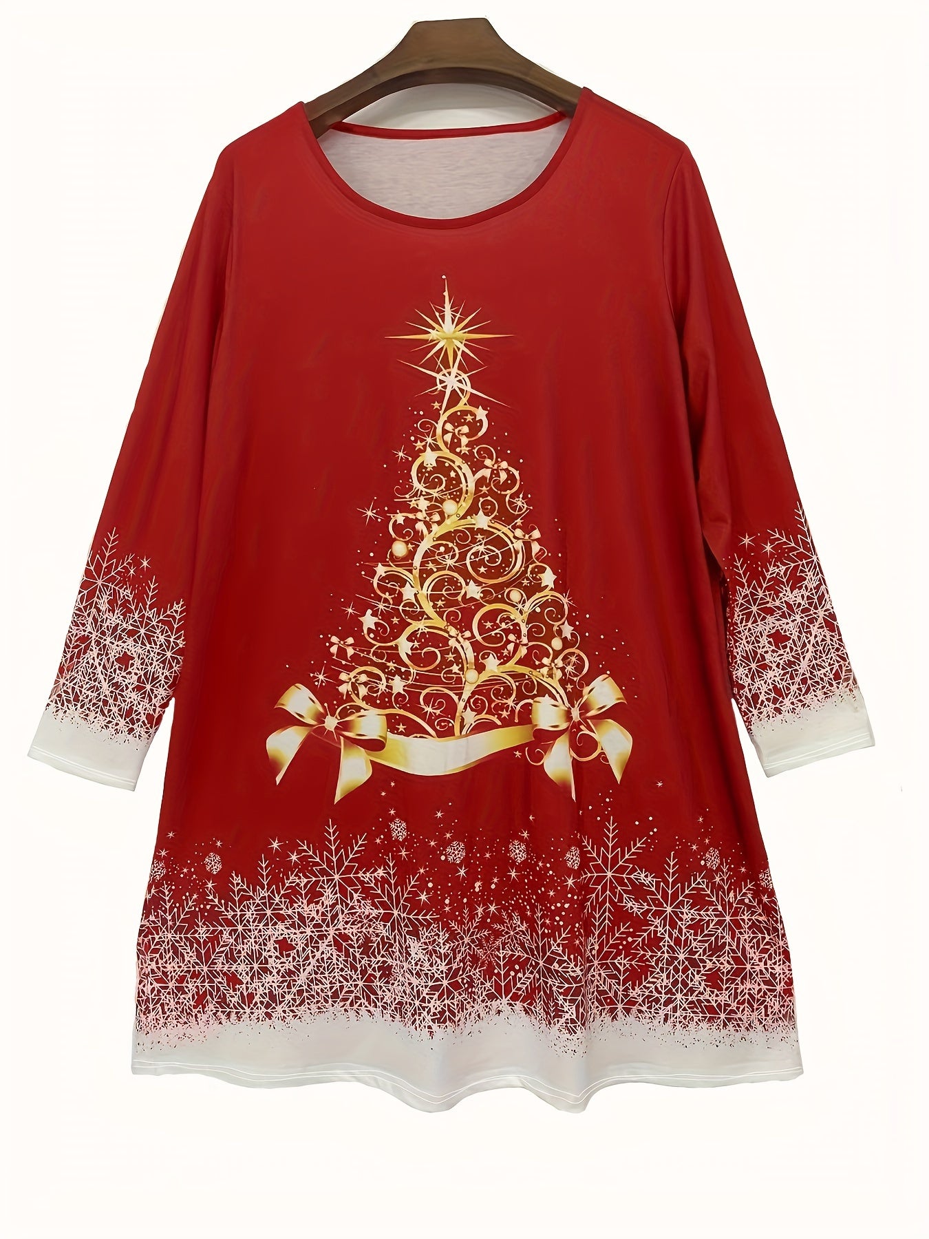 Women's Plus Glitter Christmas Tree & Snowflake Print Long Sleeve Tee Dress