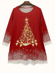 Women's Plus Glitter Christmas Tree & Snowflake Print Long Sleeve Tee Dress