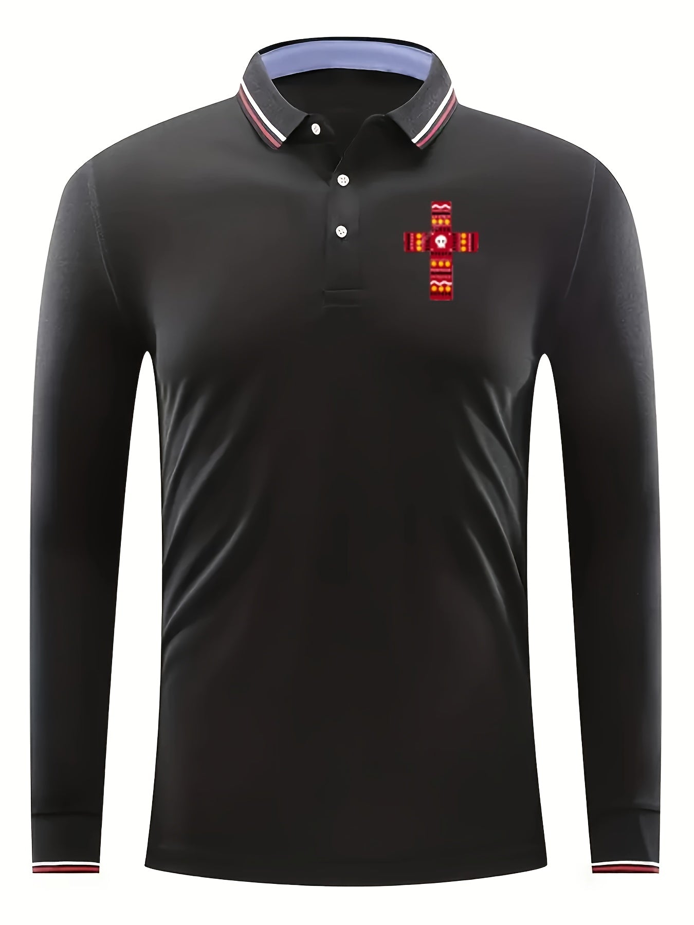Cross Pattern Men's Casual Comfy Long Sleeve Polo Shirt