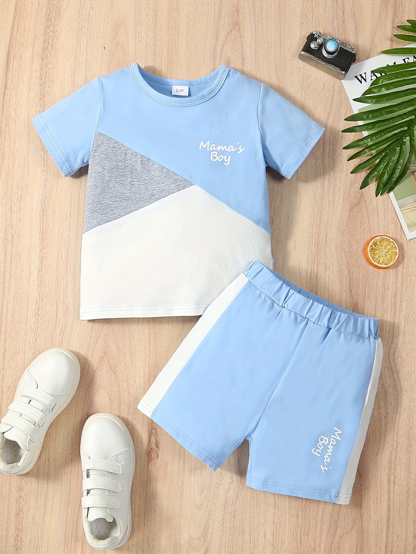 Boys Cotton Colorblock T Shirt & Shorts Set For Leisure Vacation
