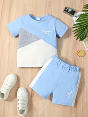 Boys Cotton Colorblock T Shirt & Shorts Set For Leisure Vacation