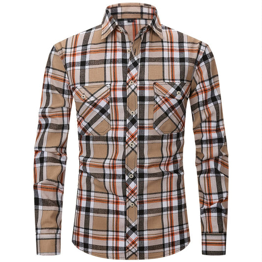 Men's Double Pocket Plaid Shirt for Spring Fall