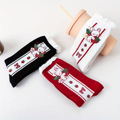 3 Pairs Bunny Print Socks Cute & Ruffle Women's Stockings