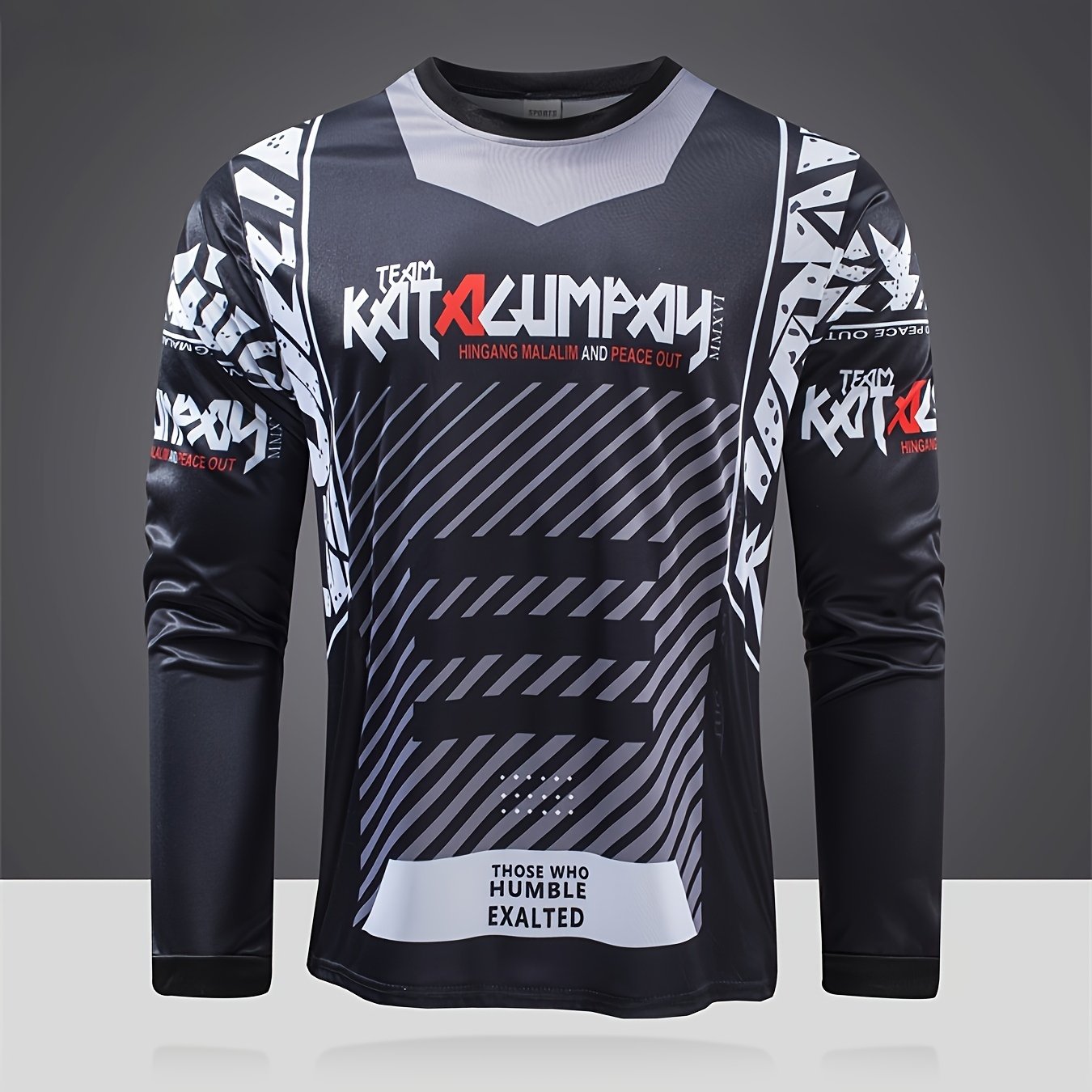 Men's Letters Pattern Shirt for Biking - Moisture Wicking Long Sleeve Crew Neck