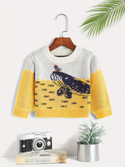 Block Round Neck Jacquard Knitted Pullover Top Girls Sweater