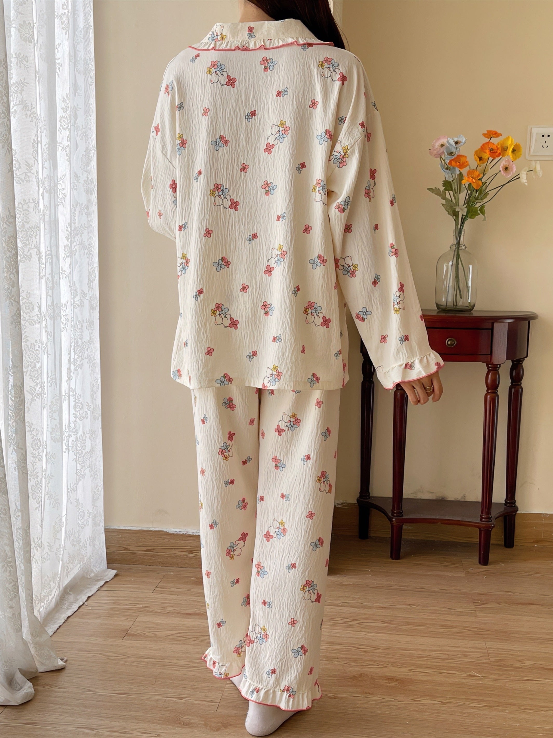 Cartoon Print Lounge Set Long Sleeve Top & Ruffle Pants