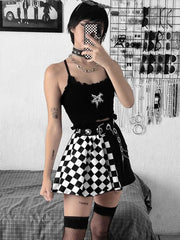 Goth Mini Skirt Half Checkered Print Short Skirt Without Belt