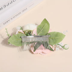 Floral Pink Hair Comb Green Leaves Wedding Bridal Hairstyle Photography Prop