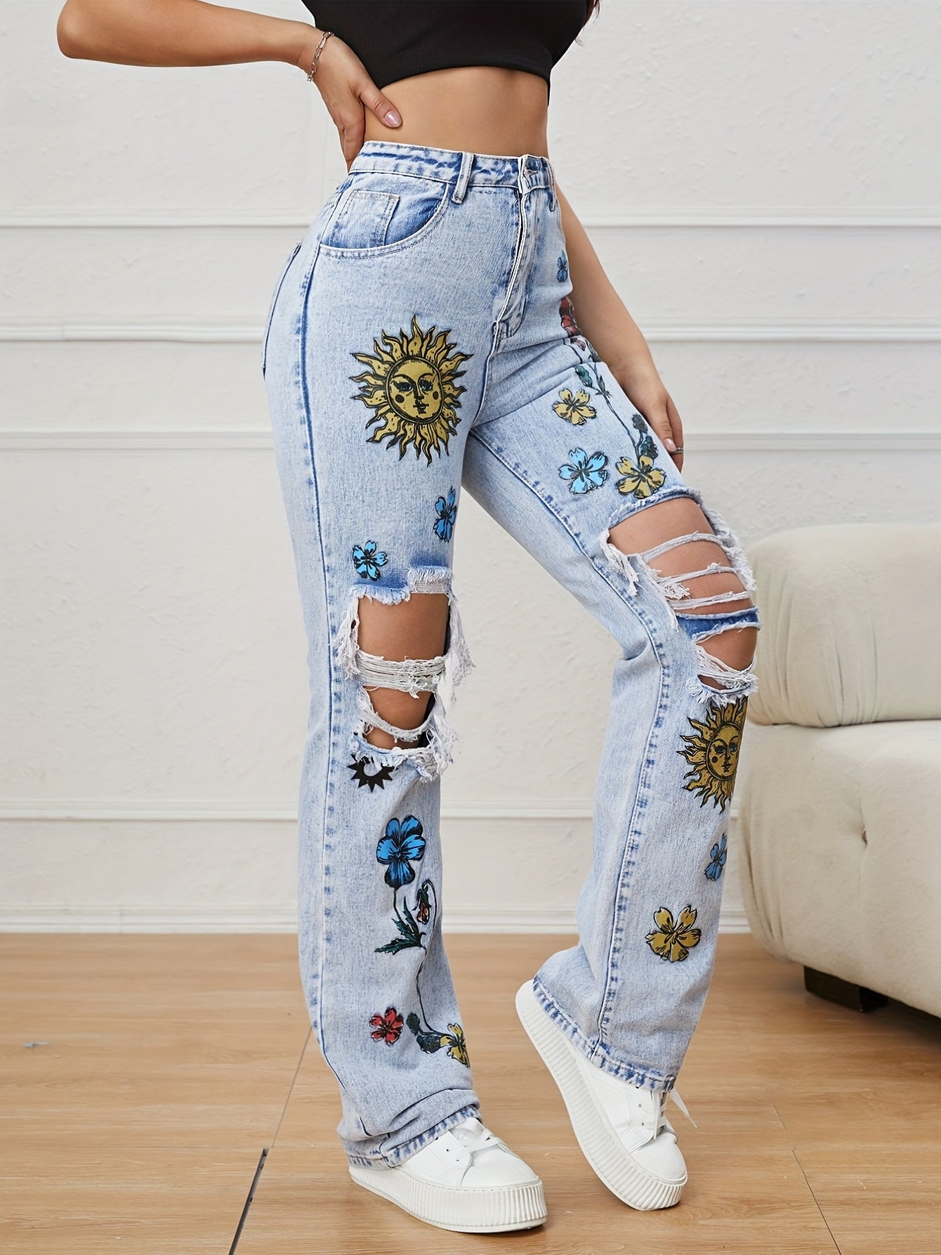 Floral Ripped Straight Jeans High Waist Distressed Denim Pants