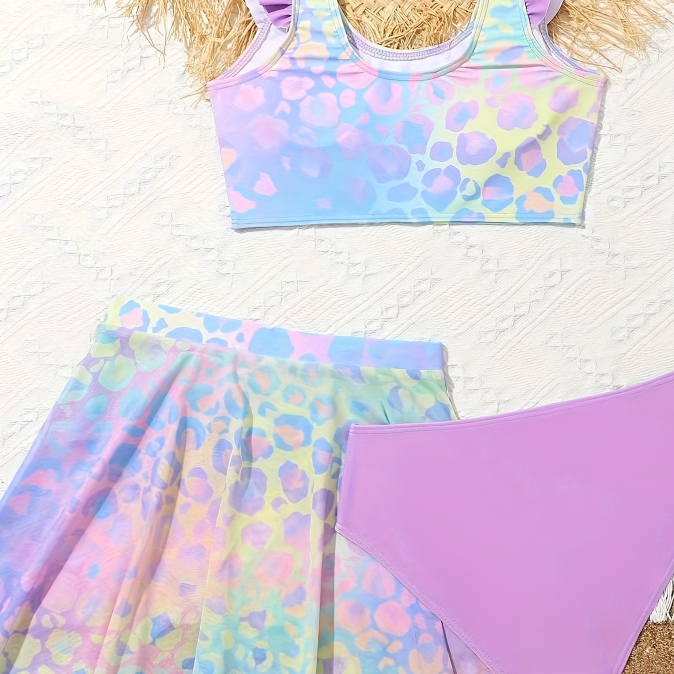 3pc Leopard Print Swimwear Set for Girls Summer Beach Wear
