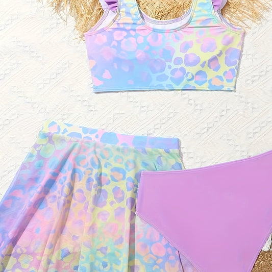 3pc Leopard Print Swimwear Set for Girls Summer Beach Wear