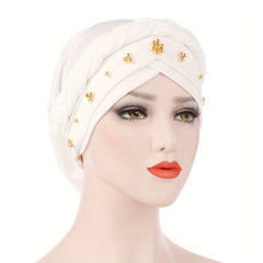 Classic Beads Decor Turban Cap Solid Elastic Head Wrap Pre-tied Head Scarf