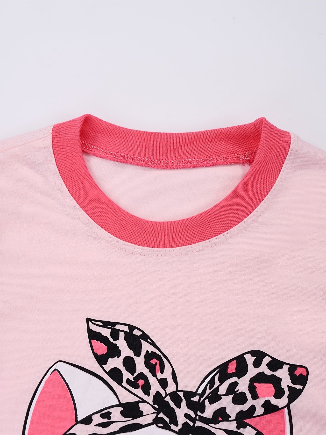 Cat Print Kids' Pajamas Set Long Sleeve Top & Leopard Pants Comfy Loungewear