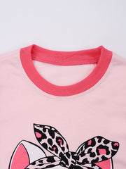 Cat Print Kids' Pajamas Set Long Sleeve Top & Leopard Pants Comfy Loungewear
