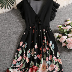 Floral Print Ruffle Sleeve V Neck Knot Mini Dress