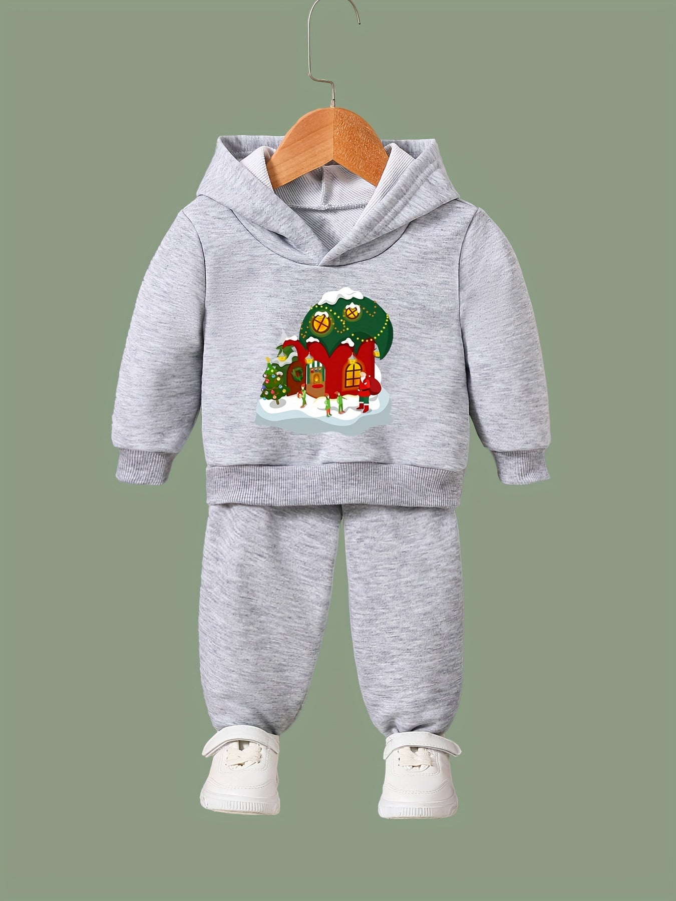 Winter House Print 2pcs Hoodies Jogger Pants Set For Sports Boys