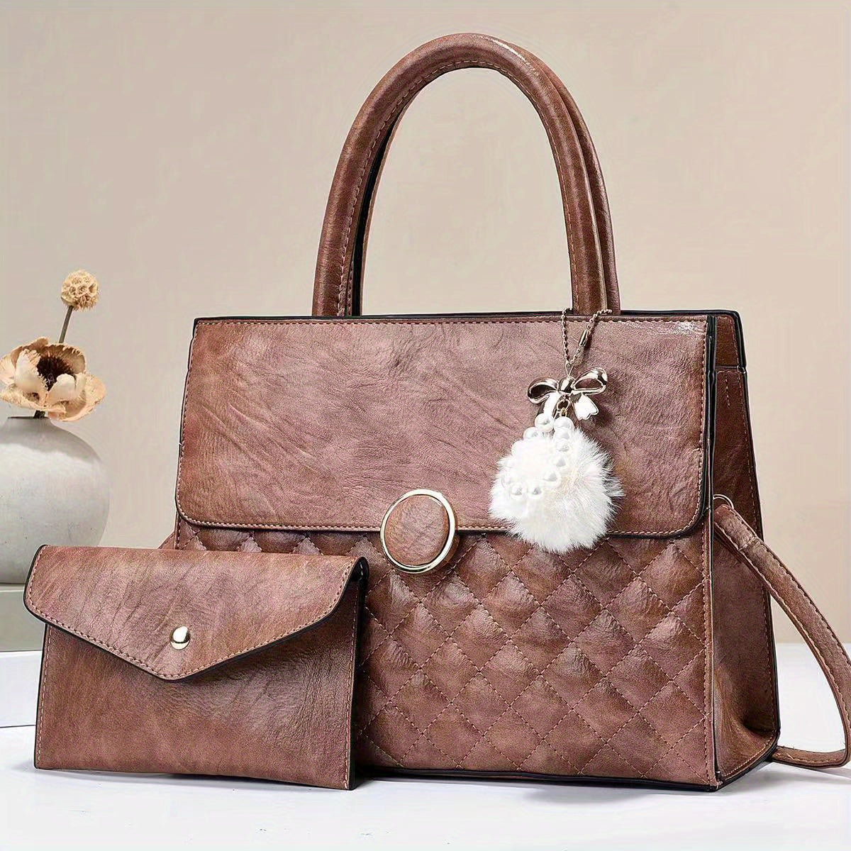 Quilted Tote Satchel Bag PU Leather Textured Shoulder Bag
