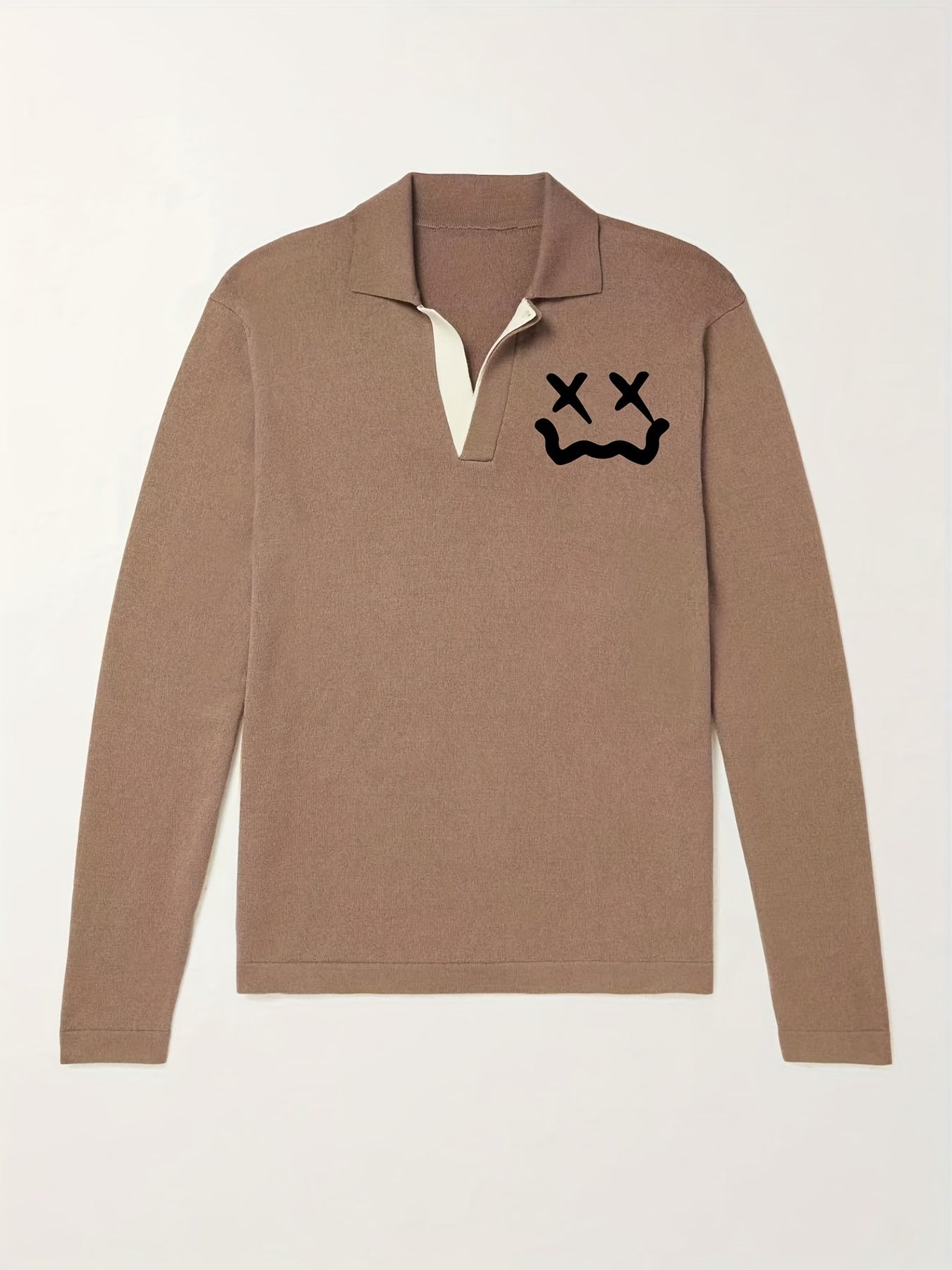Cross Eyes Face Pattern Knit Polo Shirt Men's Casual Lapel V Neck