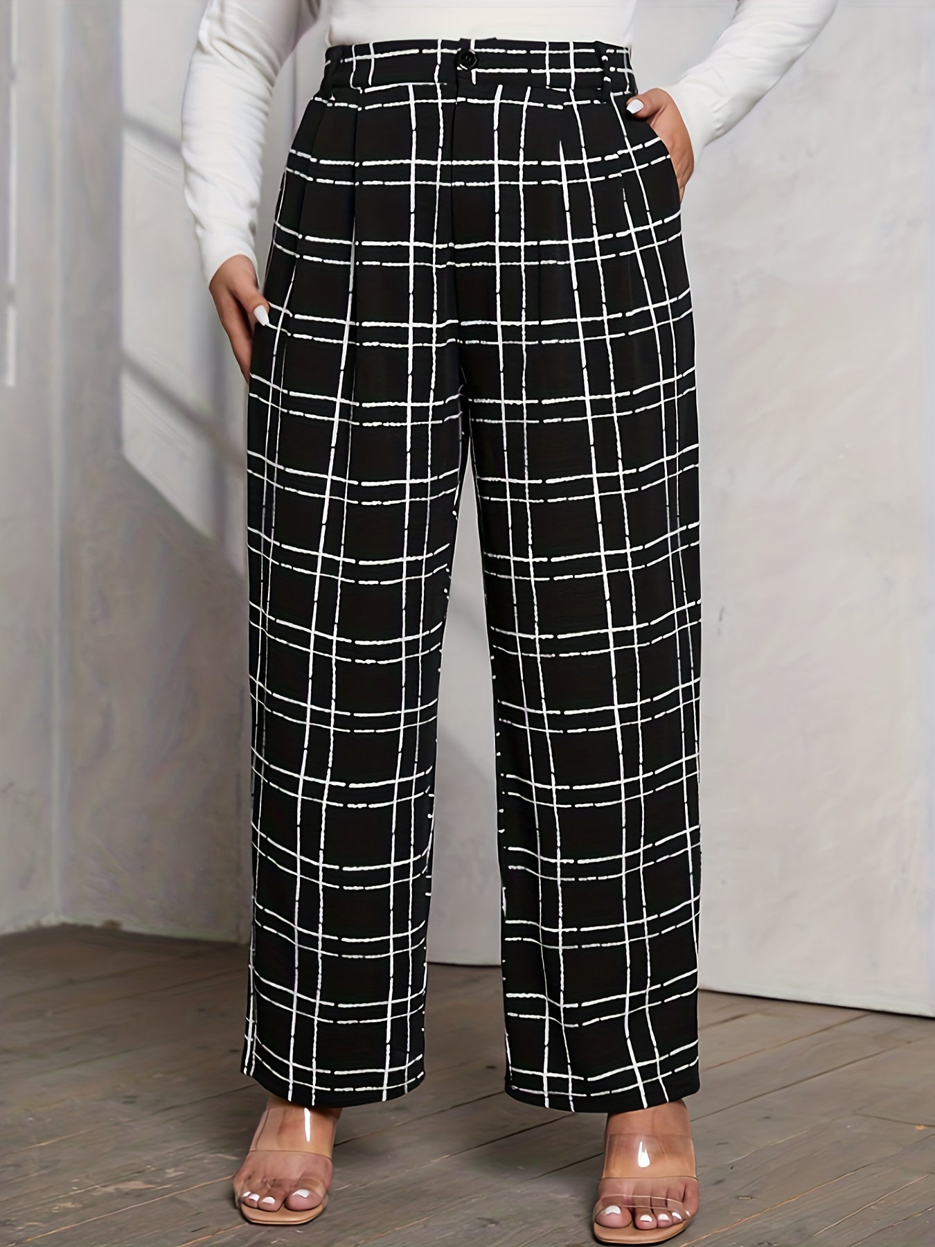 Grid Print Wide Leg Suit Pants