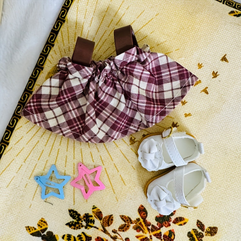 Doll Clothes Set College Style Plaid Skirt Princess Shoes Sweater T-shirt