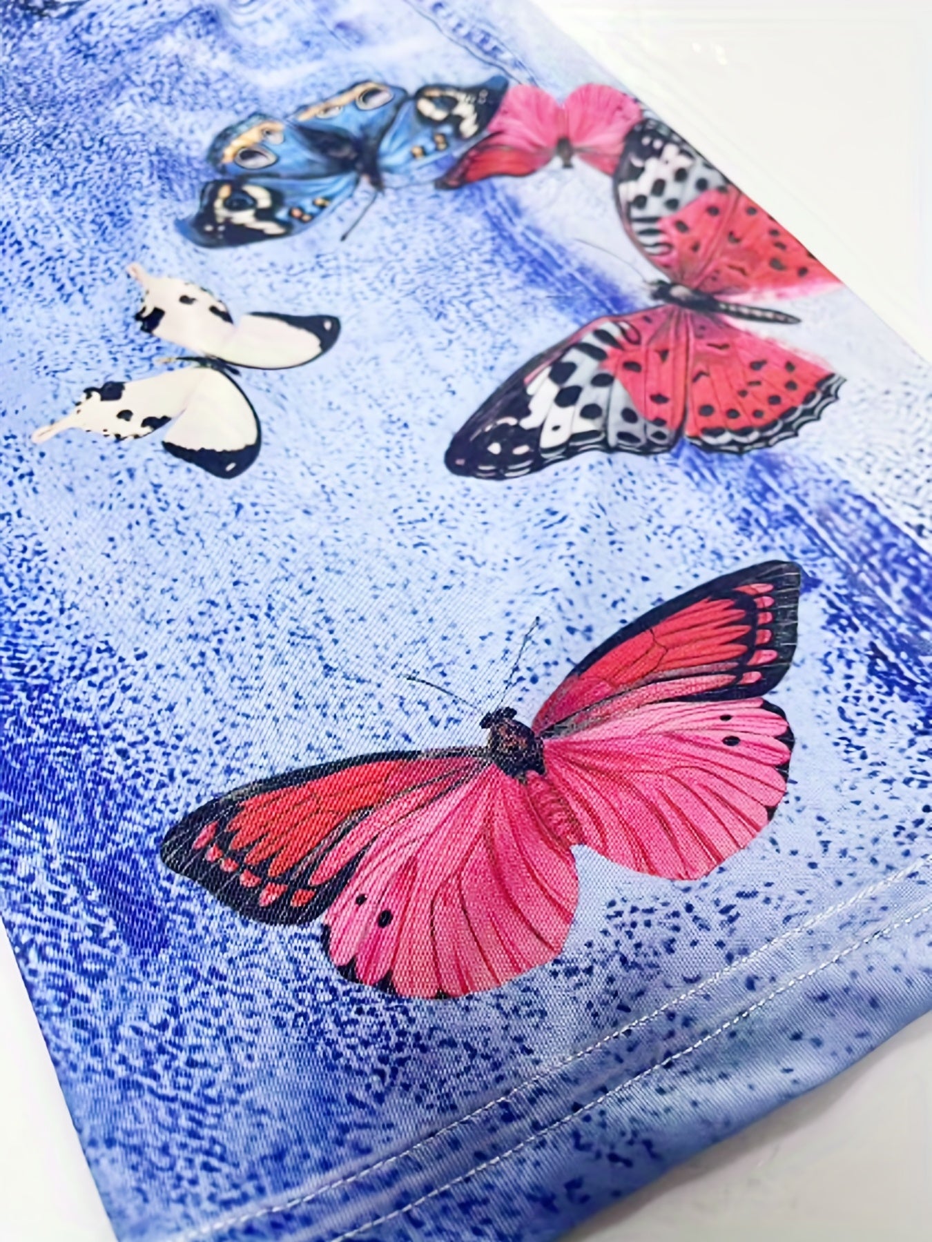 Denim & Butterfly Print Leggings Casual Skinny Shorts Leggings Women's Clothing
