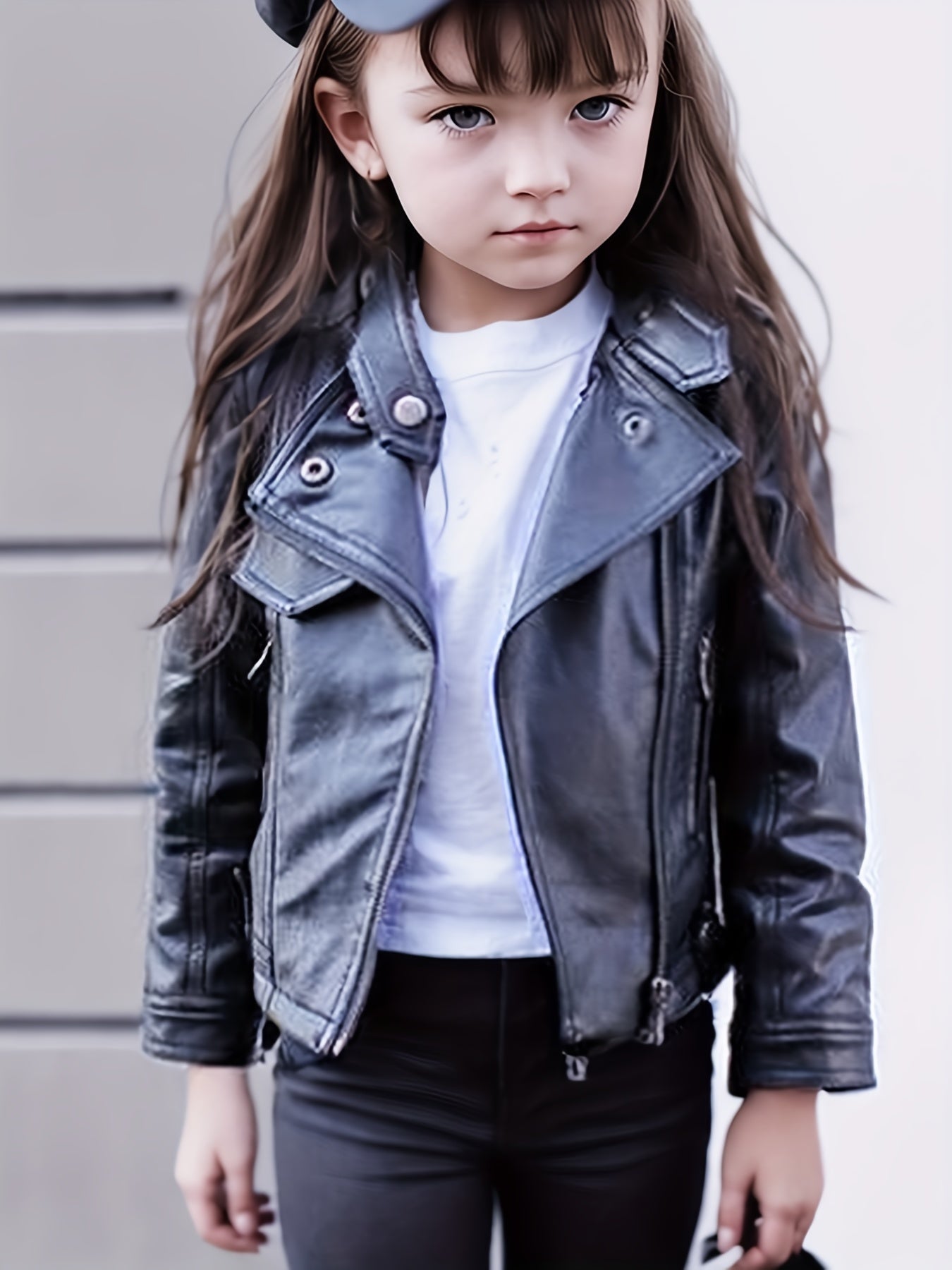 Girls Diagonal Zipper PU Leather Motorcycle Jacket