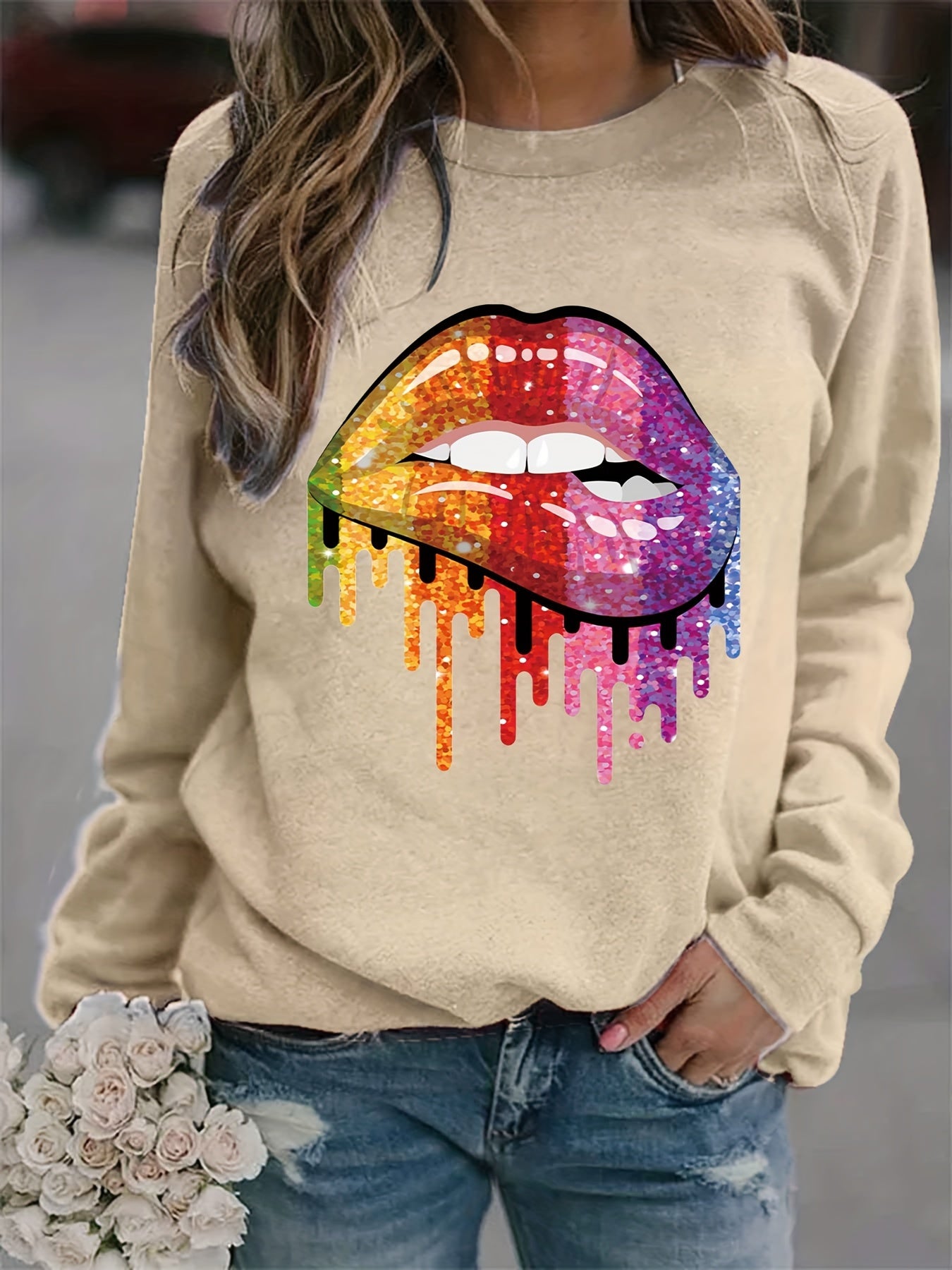 Colorful Lip Print Loose Sweatshirt Casual Long Sleeve