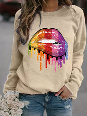 Colorful Lip Print Loose Sweatshirt Casual Long Sleeve